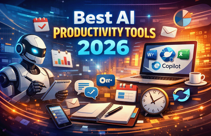 Best AI productivity tools 2026 — futuristic digital workspace featuring robot assistant, laptop with Microsoft Copilot, Notion, Otter.ai, Motion, and Reclaim.ai icons glowing in blue and purple.