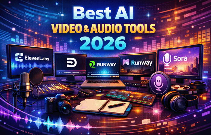 Best AI video and audio tools 2026 — futuristic creator studio with ElevenLabs voiceover, Descript transcript editing, Runway AI video generation, Adobe Podcast audio enhancement, and Sora cinematic video icons glowing in a blue‑purple production environment.